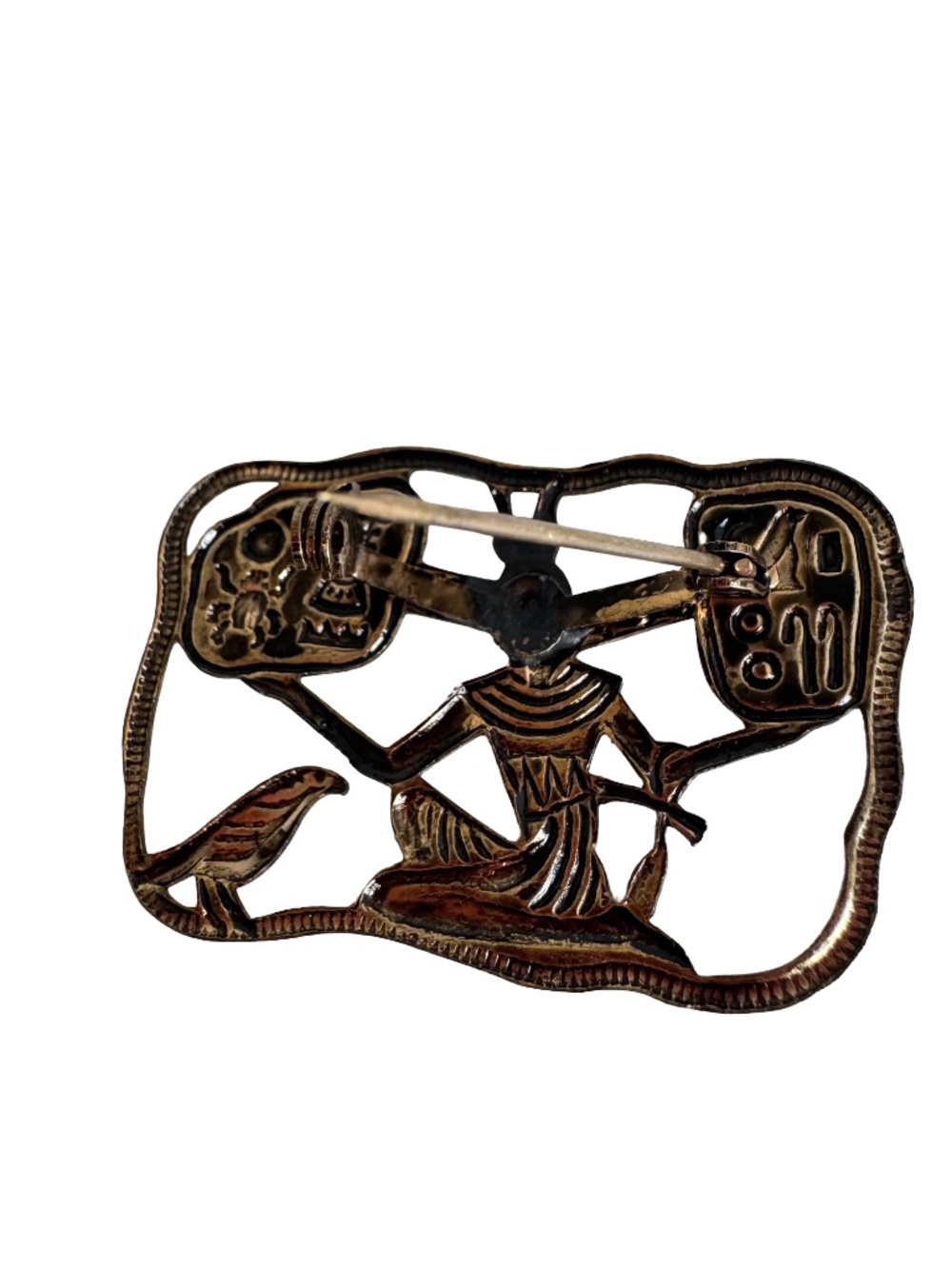 Vintage Egyptian Revival Gold Tone Brooch Hieroglyphic Deity Falcon Wall Relief - Picture 8 of 11